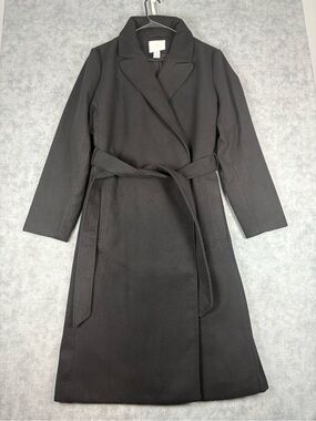 H&M Women’s Large Black Belted Double Breasted Long Trench Coat EU 46